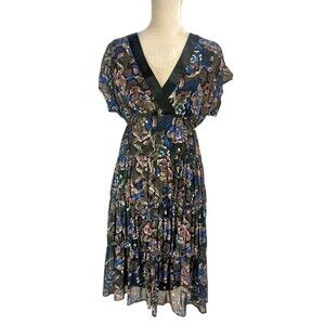 I RONSON Women Mini Fit & Flare Dress Size S Floral Sheer V-Neck Short SL 113A